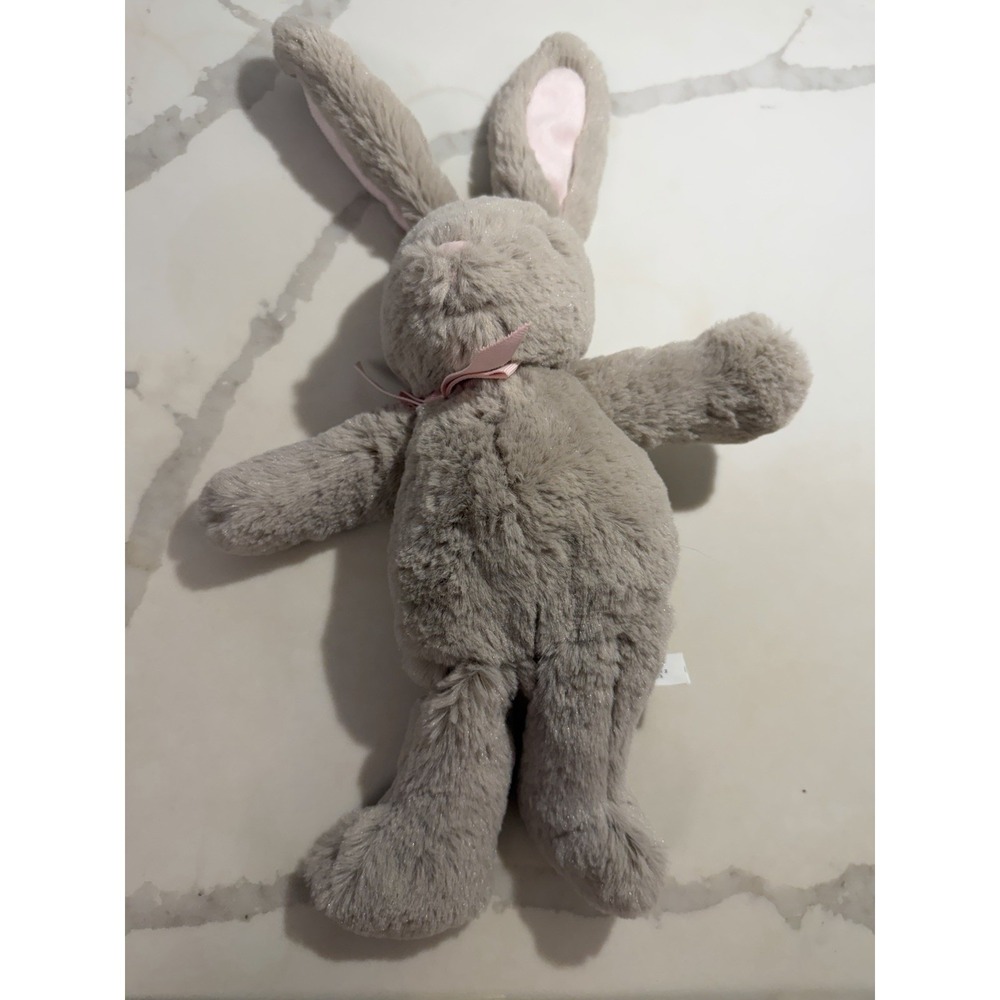 PBK Pottery Barn Kids Gray Pink Bow Bunny Rabbit Plush Stuffed Animal 12" Easter